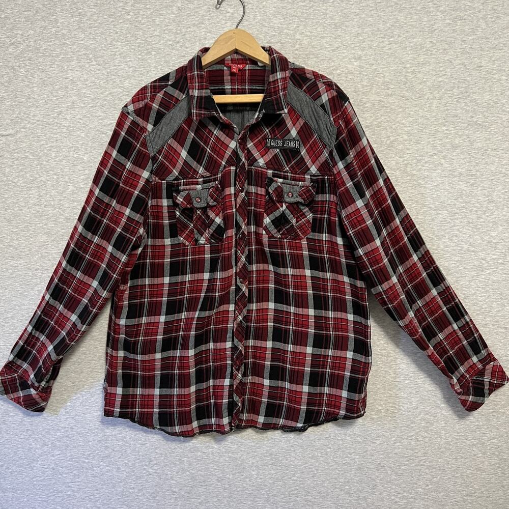 Guess Jeans Shirt Mens 2XL Red Black Gray Plaid Western Pearl Snap Flannel Logo